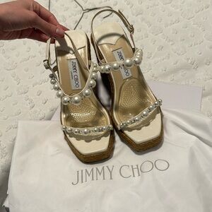 Jimmy Choo Amatuus 110 embellished leather espadrille wedge platform sandals